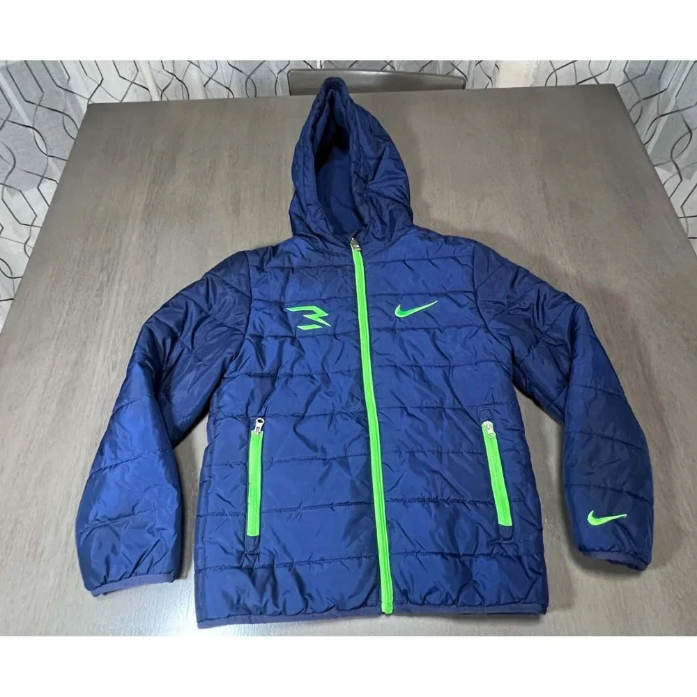 Nike Russell Wilson Dangeruss Puffer Jacket Navy Blue Neon Green Boys Medium